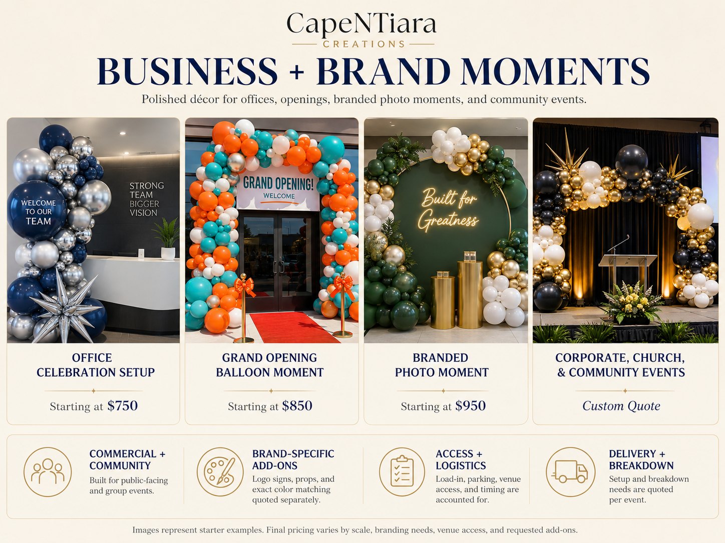 Business and Brand Moments menu card showing office celebration setup, grand opening balloon moment, branded photo moment, and community event décor